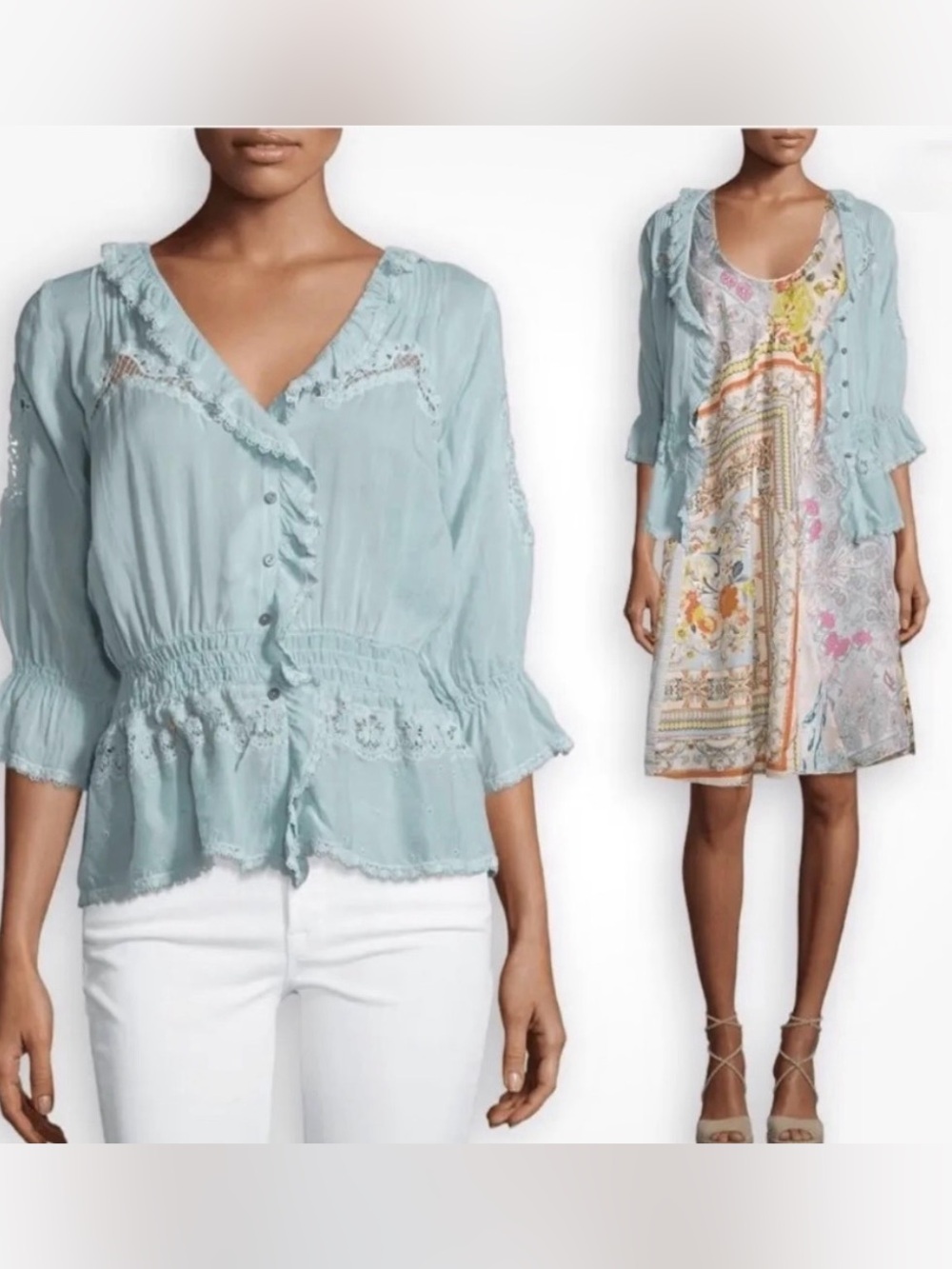 Johnny Was Light Blue Lace-Trim Button Front Women’s Top